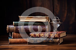 Still life with old books and a lamp on a wooden table, A vintage pile of five old brown leather books with eyeglasses on a wood