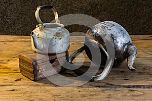 Still life old classic kettle with Old chest