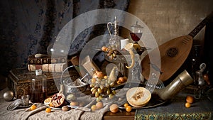 Still life in old masters style with hunting horn. photo