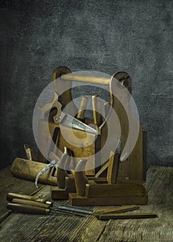 Still life - Old Wooden Tool Box Full of Tools