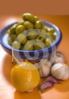 Still life:olive ,garlic photo