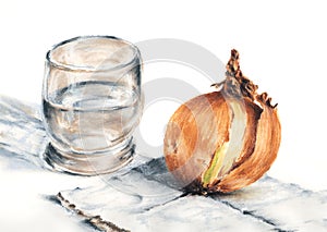 Still life with onion and glass