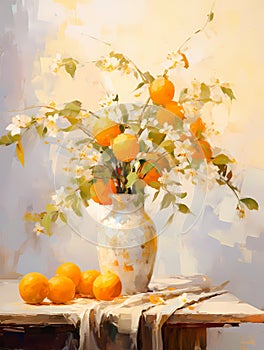 Still life in orange tones. Oil painting in impressionism style. Vertical composition