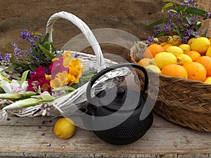 Still life with oranges and flowers