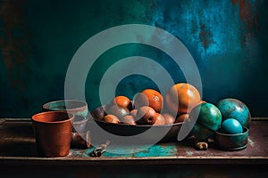 Ai Generative Still life with oranges and lemons in a rustic setting