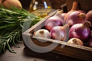 Still life of organic onions in case with herbs. Generative AI