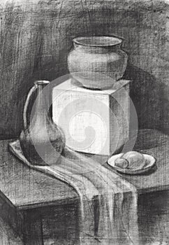 a still-life painted in charcoal, an image with a clay pitcher and a plaster cube