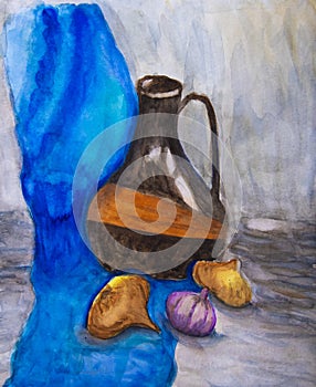 Still life painting with brown pitcher and onions. Watercolor painting