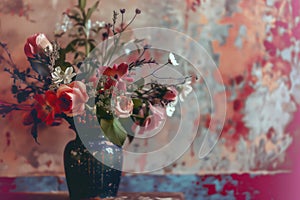 Still life painting of colourful flowers in a vase