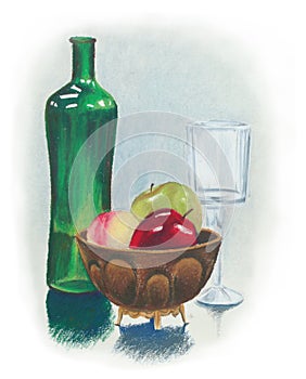 Still life painting with fruit bowl wine glass and green bottle