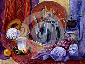 Still life painting with kettle, marsh-mellows, coffee cup, coffee grinder