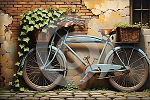 Still Life Painting of a Vintage Bicycle Against an Old Brick Wall, Ivy Vines Creeping up the Sides