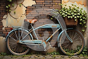 Still Life Painting of a Vintage Bicycle Against an Old Brick Wall, Ivy Vines Creeping up the Sides