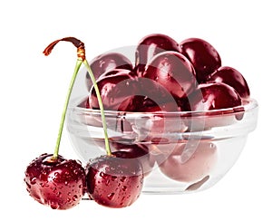 Still life with pair of red wet cherry fruit