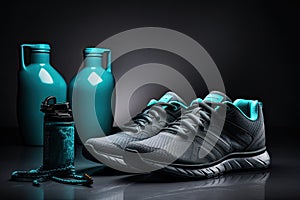 Still life with a pair of sneakers and other fitness accessories on a dark background. The concept of a healthy lifestyle