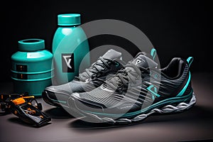 Still life with a pair of sneakers and other fitness accessories on a dark background. The concept of a healthy lifestyle