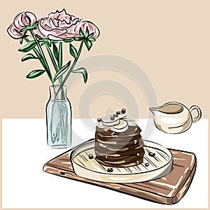 Still life of pancakes, a tray, a bouquet of flowers and a jug, a gravy boat. Proper nutrition, veganism. All items are separate.