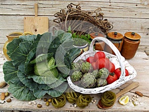 Still life with pasta and vegetables photo