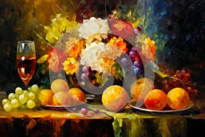 Still Life with Peaches, Flowers, Grapes and Glass of Wine Brush Strokes Painting