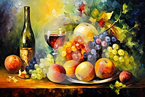 Still Life with Peaches, Grapes and Wine Brush Strokes Painting