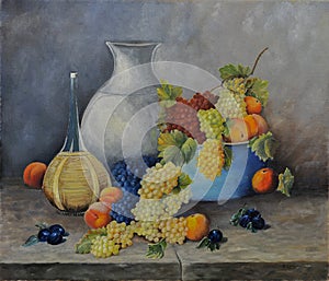 Still life with peaches, grapes and wine, oil painting