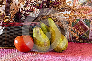 Still life with pears and tomato