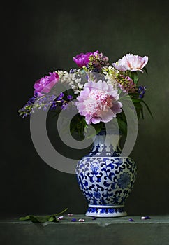 Still life with peonies in a chinese vase