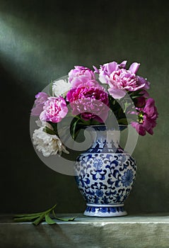 Still life with peonies in a chinese vase