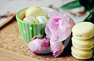 Still-life photo with cup, macaroons and peony