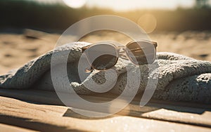 Summer still life of sunglasses over beach towell and sun rays on the background.