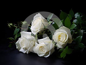 Still Life Photograph of White Roses with Green Leaves on Black Table from High Angle