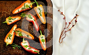 Still life photography with mini bell peppers and goat cheese on a tray