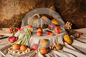 Still life photography with pumpkin, spices, herbs