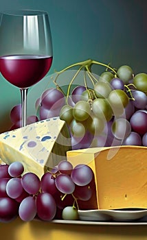 Still life picture with wine, cheese and grapes