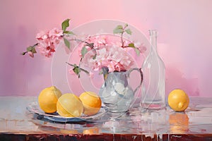 Still life in pink tones. Flowers, fruit, jug, bottle, plate. Oil painting in impressionism style. Horizontal composition