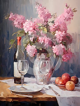 Still life in pink tones. Flowers, fruit, jug, bottle, plate. Oil painting in impressionism style. Vertical composition