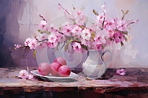 Still life in pink tones. Flowers, fruit, jug, plate. Oil painting in impressionism style. Horizontal composition