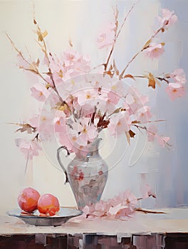 Still life in pink tones. Flowers, fruit, jug, plate. Oil painting in impressionism style. Vertical composition