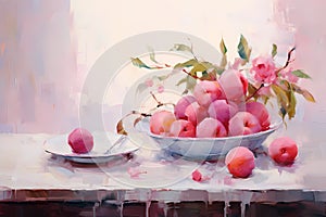 Still life in pink tones. Flowers, fruit, plate. Oil painting in impressionism style. Horizontal composition