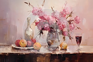 Still life in pink tones. Flowers, fruit, vase, bottle, plate. Oil painting in impressionism style. Horizontal composition
