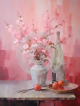 Still life in pink tones. Flowers, fruit, vase, bottle, plate. Oil painting in impressionism style. Vertical composition