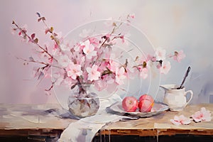 Still life in pink tones. Flowers, fruit, vase, jug, plate. Oil painting in impressionism style. Horizontal composition