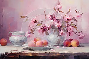 Still life in pink tones. Flowers, fruit, vase, jug, plate. Oil painting in impressionism style. Horizontal composition