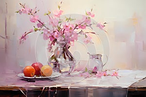 Still life in pink tones. Flowers, fruit, vase, jug, plate. Oil painting in impressionism style. Horizontal composition