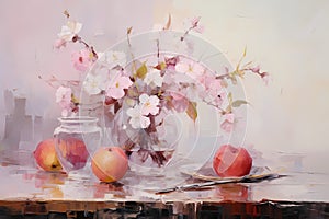 Still life in pink tones. Flowers, fruit, vase, plate. Oil painting in impressionism style. Horizontal composition