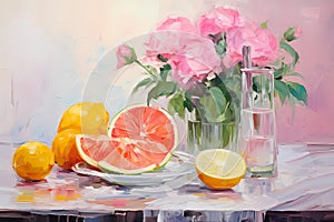 Still life in pink tones. Flowers, fruit, vase, plate. Oil painting in impressionism style. Horizontal composition