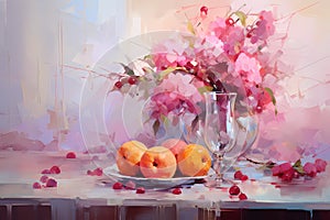 Still life in pink tones. Flowers, fruit, vase, plate. Oil painting in impressionism style. Horizontal composition