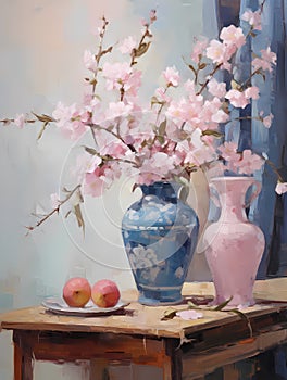 Still life in pink tones. Flowers, fruit, vase, plate. Oil painting in impressionism style. Vertical composition