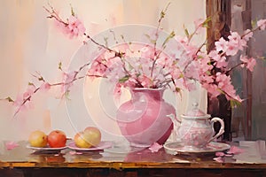 Still life in pink tones. Flowers, fruit, vase, teapot, plate. Oil painting in impressionism style. Horizontal composition
