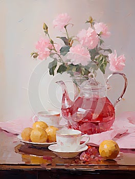 Still life in pink tones. Flowers, fruit, vase, teapot, plate. Oil painting in impressionism style. Vertical composition